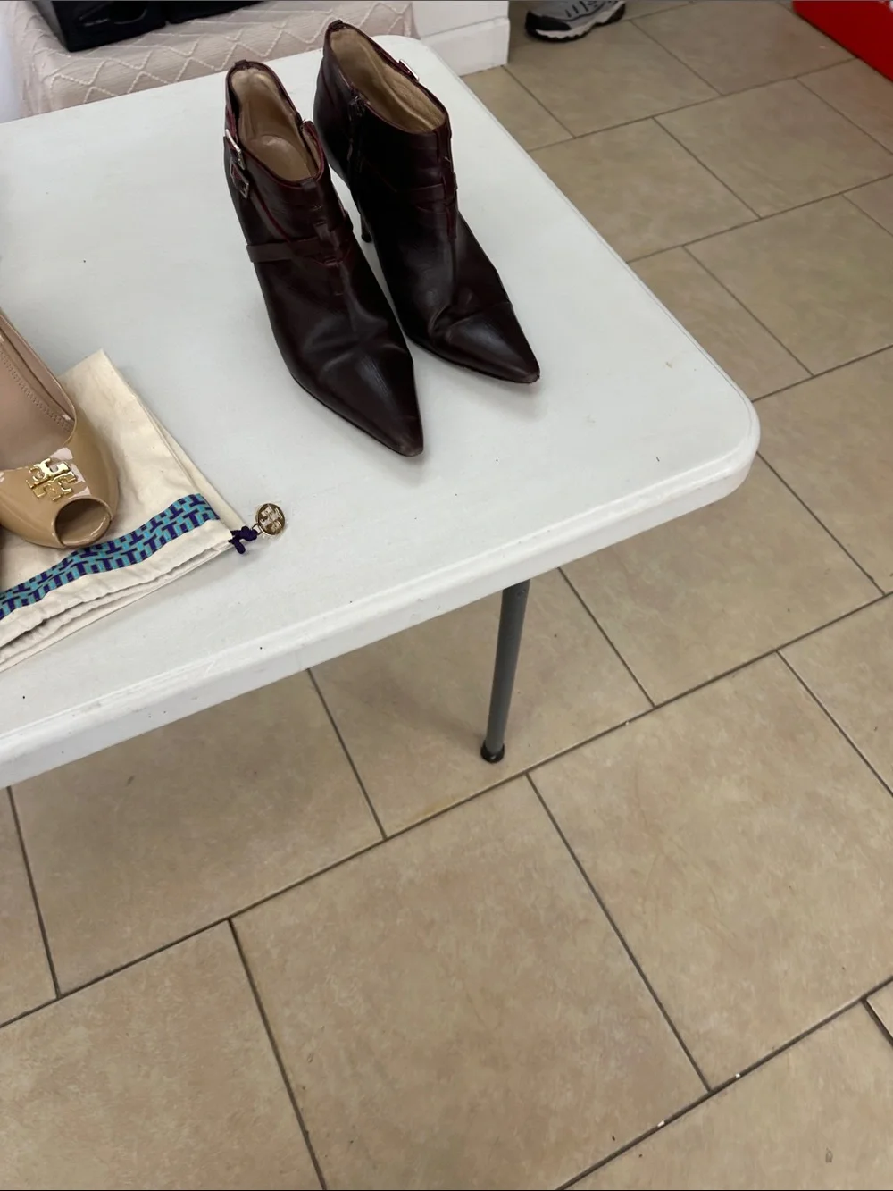 Manolo Blahnik Dark Brown Leather Pointed Ankle Boots with Red Trim